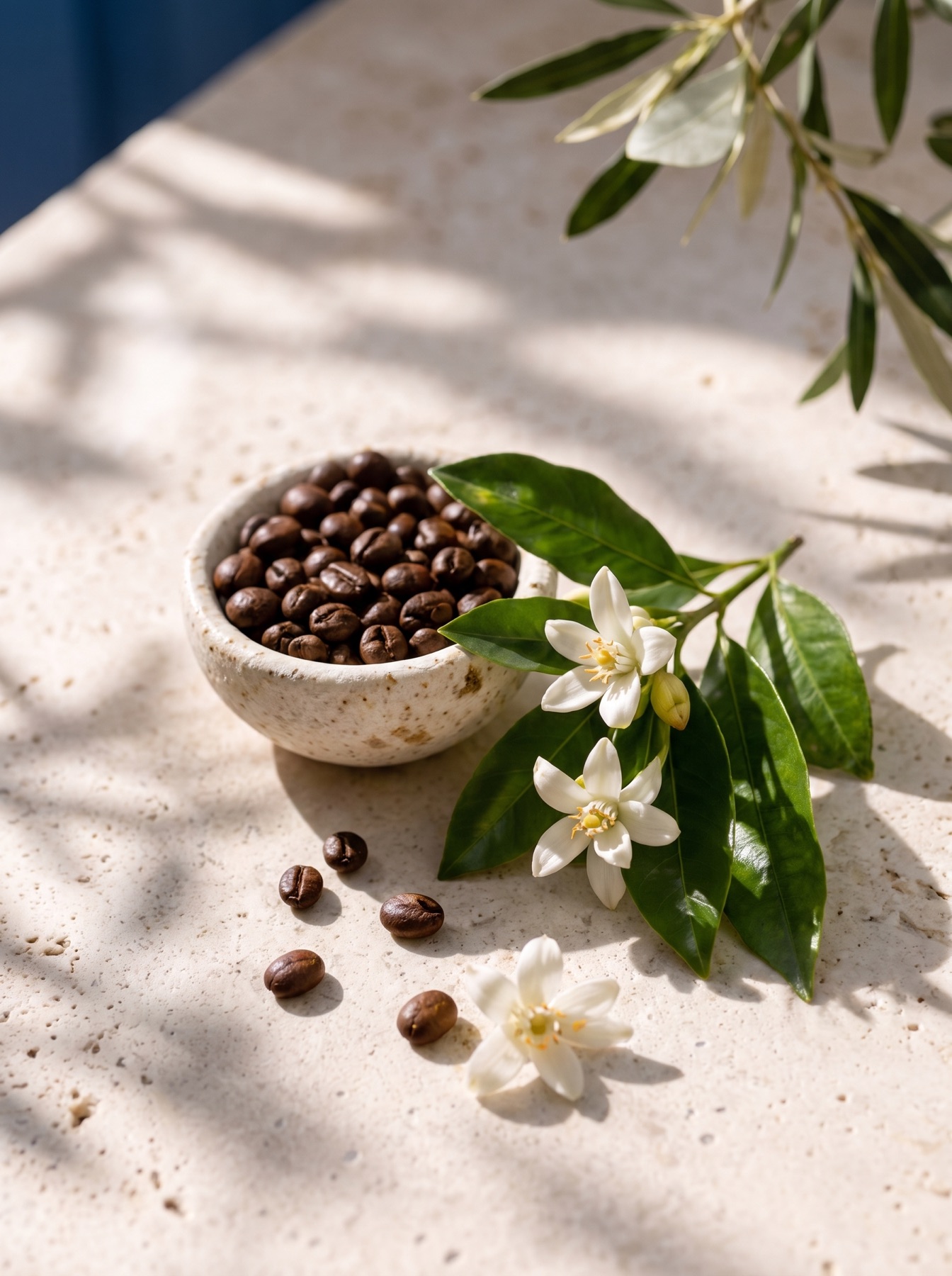 Bowl of roasted coffee beans with white coffee blossoms