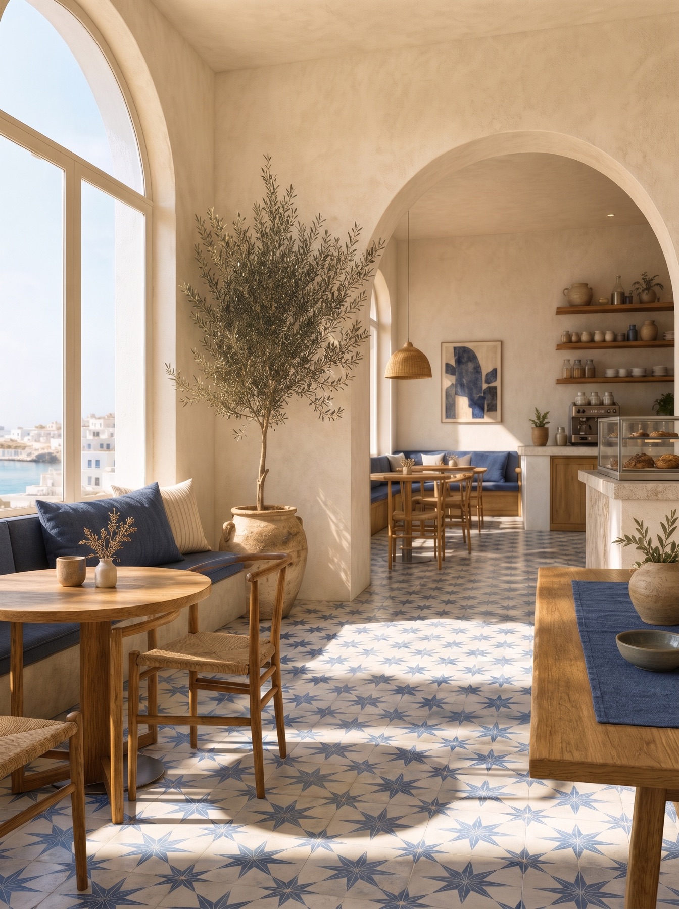 Sunlit café interior with olive tree, navy cushions and star-tiled floor