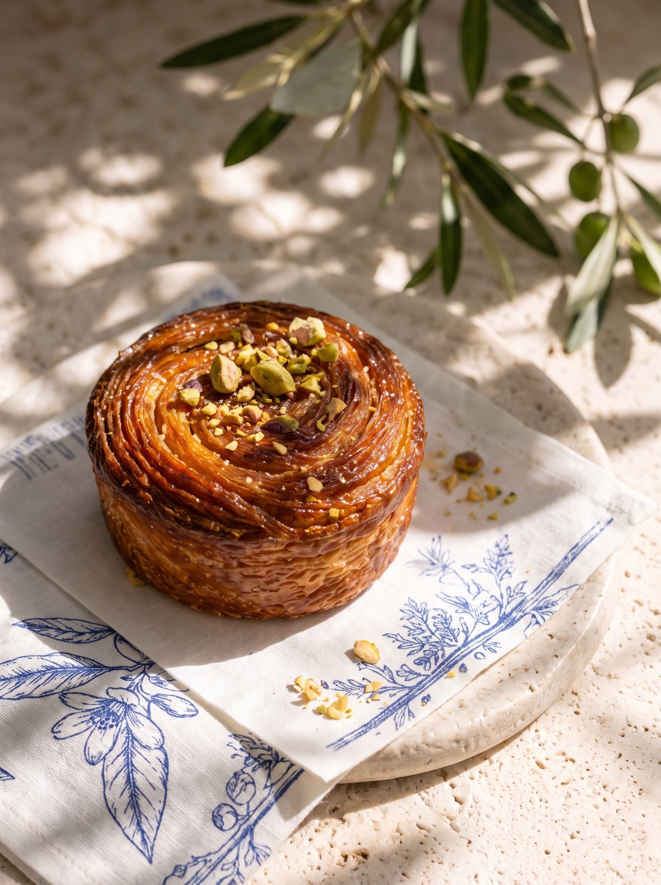 Caramelized pastry swirl with pistachios
