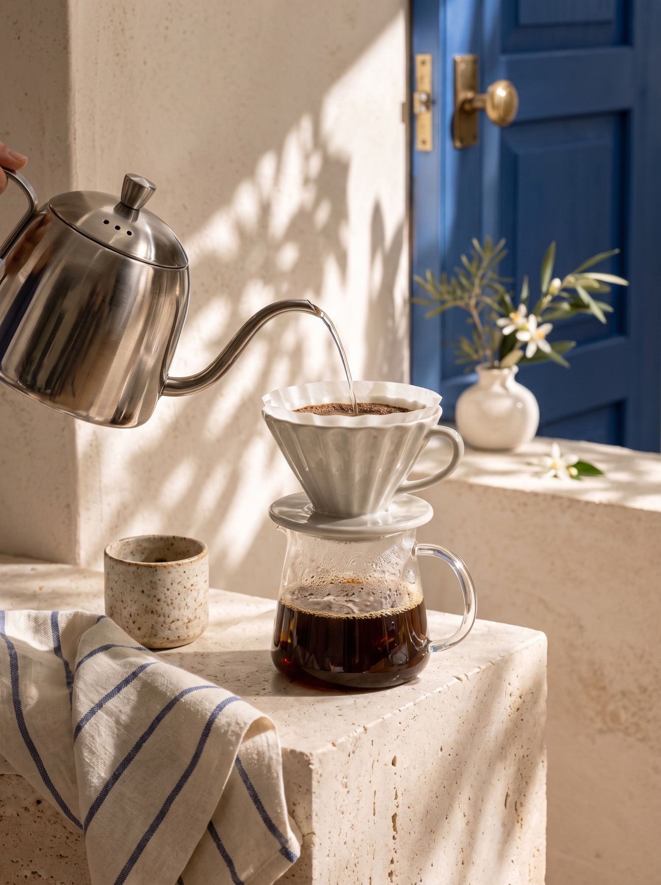 Gooseneck kettle pouring into a ceramic dripper