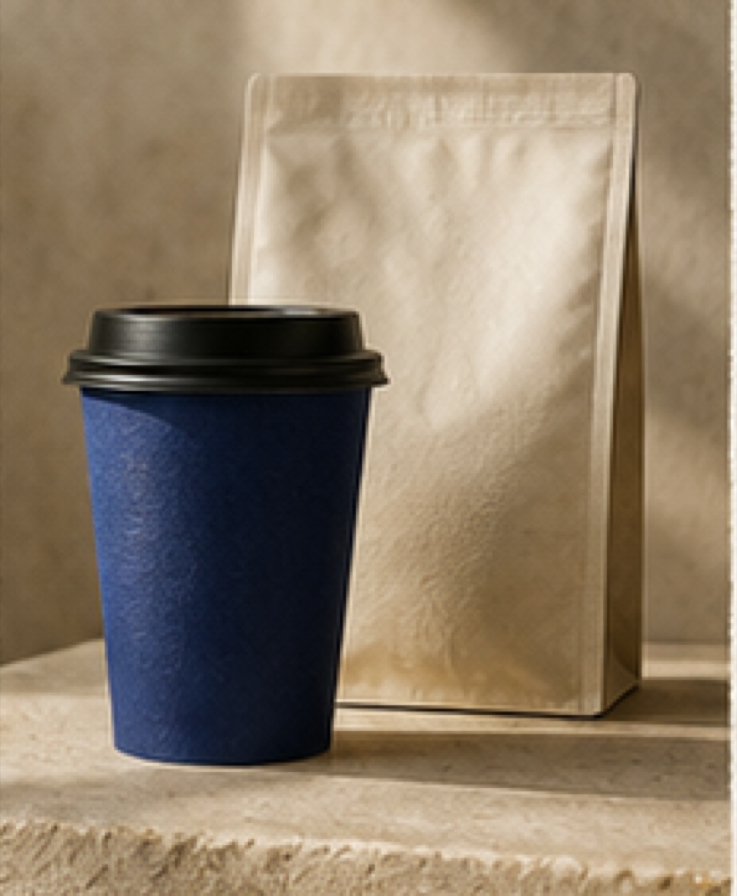 Navy takeaway cup and coffee bag