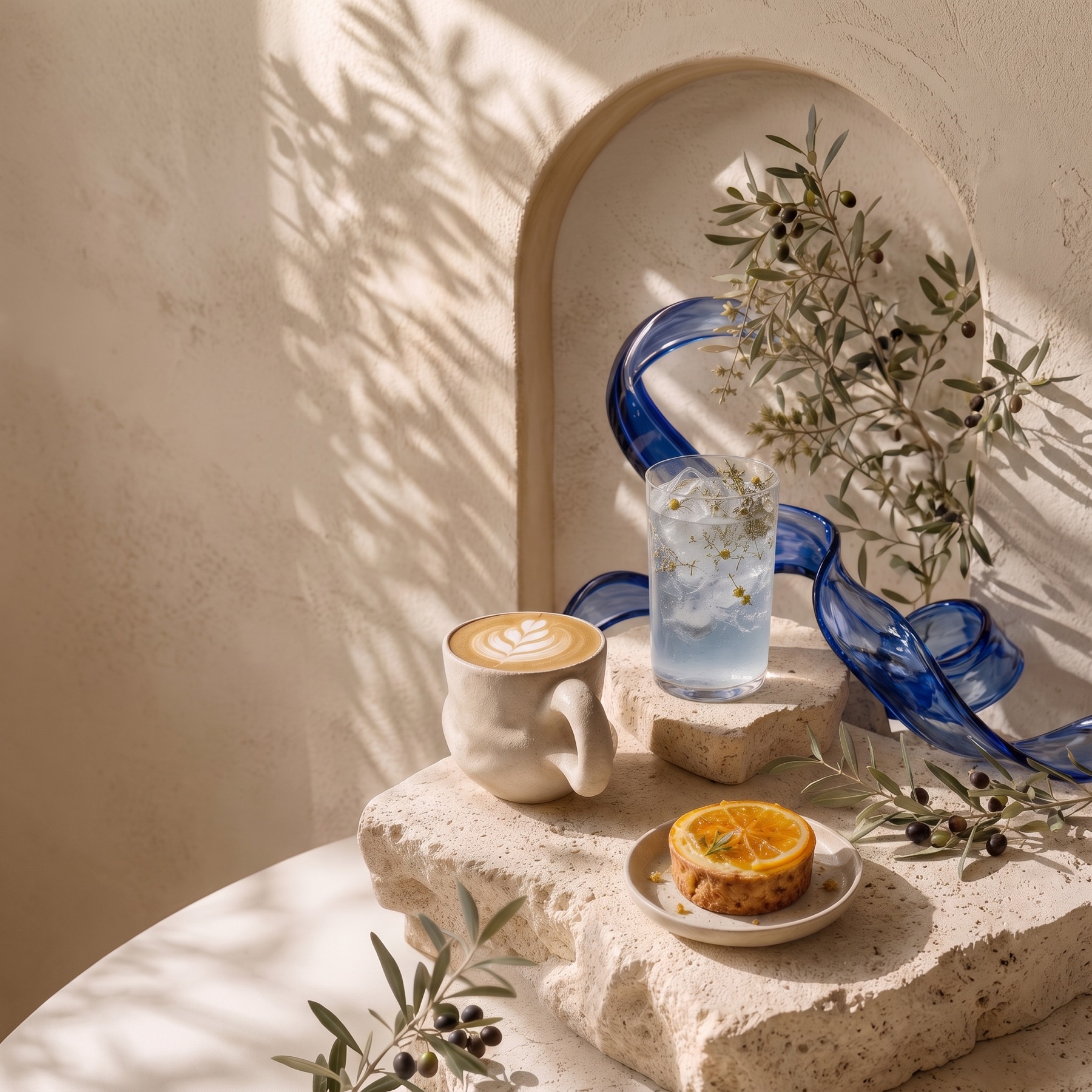 Latte with rosetta art, botanical iced drink and orange tart on travertine stone, cobalt glass and olive branches behind