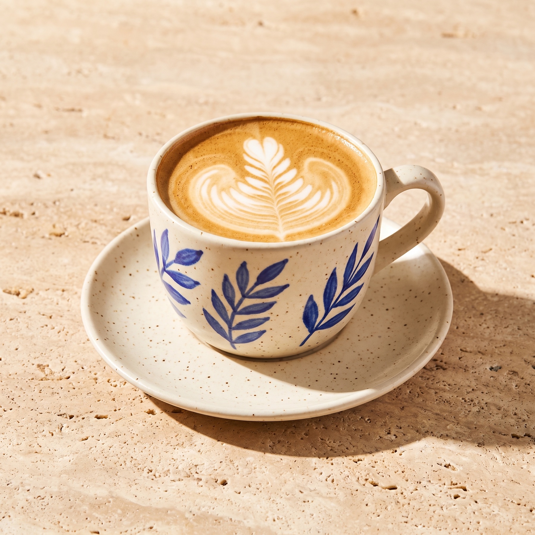 Café crema, latte in a blue botanical painted cup