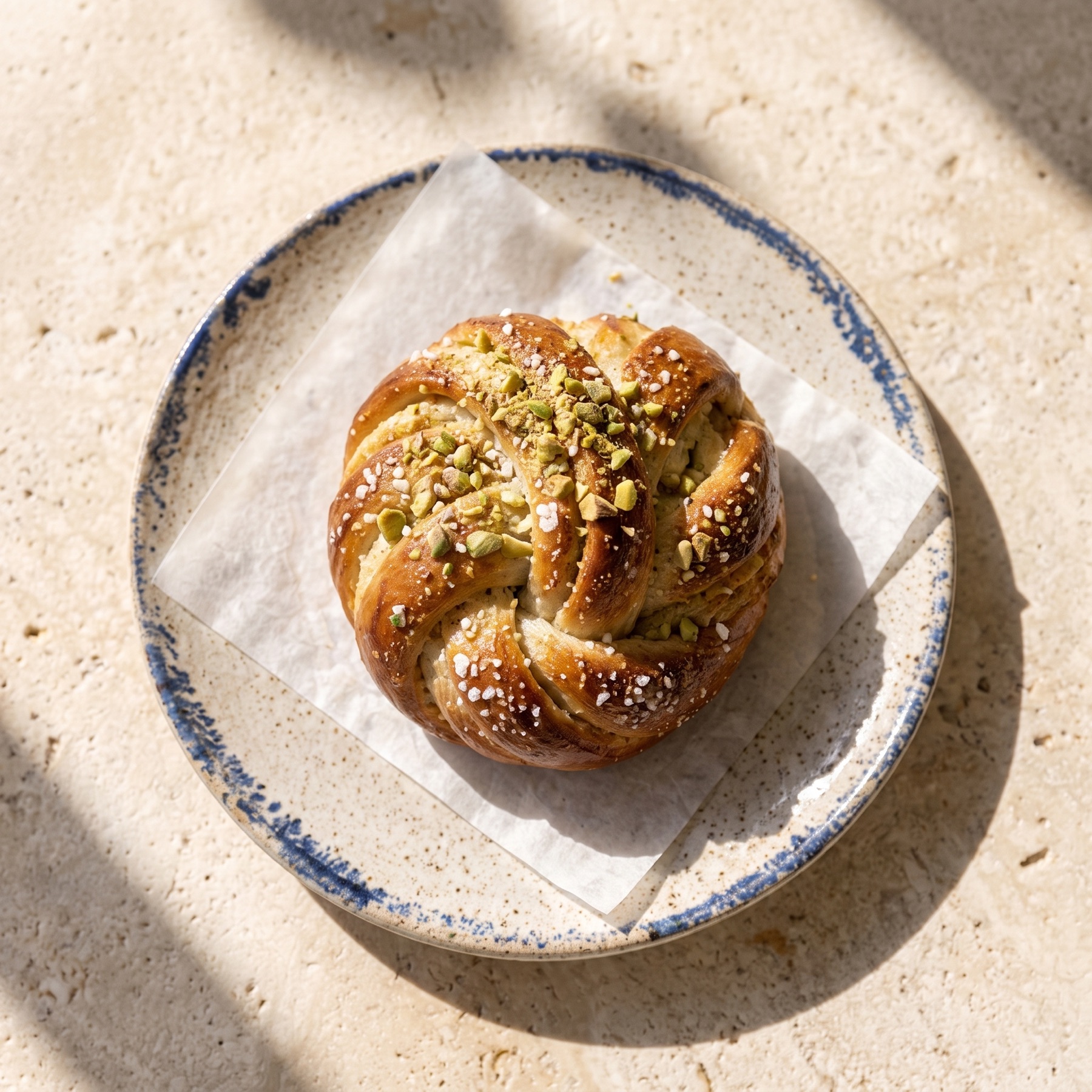 Cardamom bun with pistachios on a blue-rimmed plate