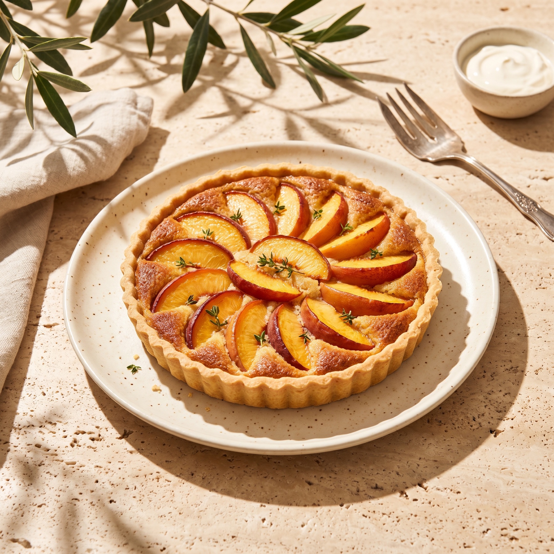 Peach tart with fanned peach slices and thyme